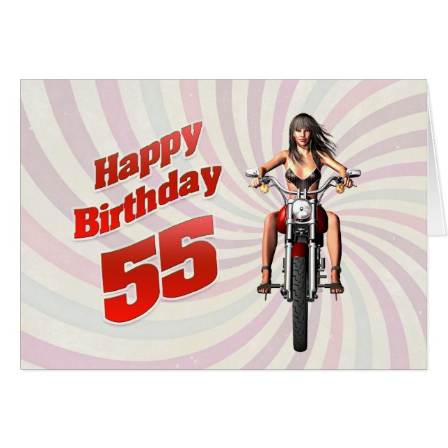 55e carte d'anniversaire avec une fille de moto (Devant horizontal)