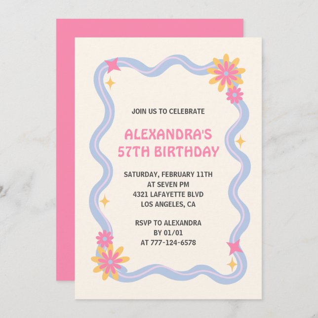 57e anniversaire Invitation Retro Super Rose Fleur (Devant / Derrière)