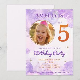5 Bulles Étoile Dorée Violette Invitation Annivers
