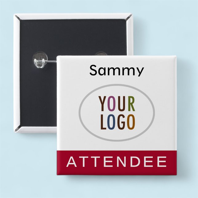 5 Cm Badge de participant avec logo carré rouge foncé (MISOOK Attendee Dark Red Name Button with Logo)