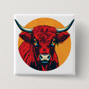 5 Cm Carré Badge Vache des Highlands Écosse Rouge & O