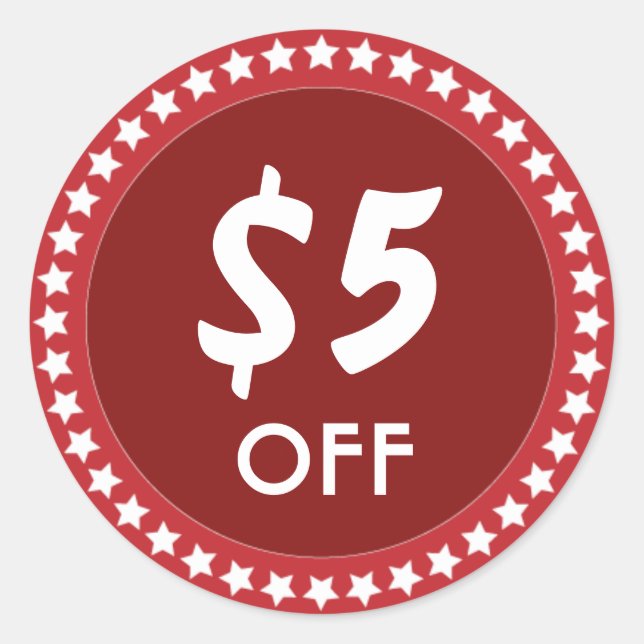 5 Dollar HORS Vente Remise Sticker Rouge (Devant)