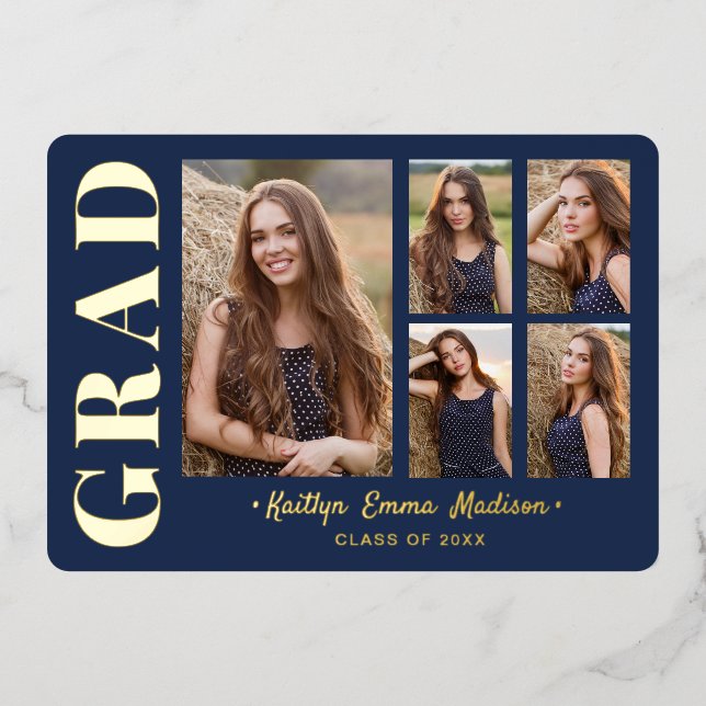 5 Photo Collage Carte Navy Blue & Or (Recto)