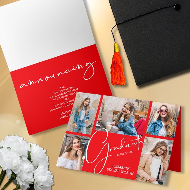 5 Photo Red Graduation Faire-part (Folded 5 photo collage graduation announcements)