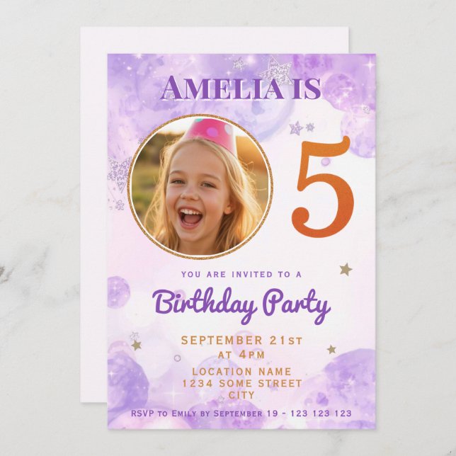 5 Purple Gold Star Bubbles 5th Birthday Invitation (Devant / Derrière)