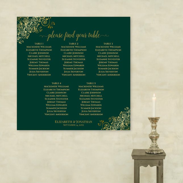 5 Tableau Emerald Green & Gold Mariage Carte de si (In Situ on Wall)
