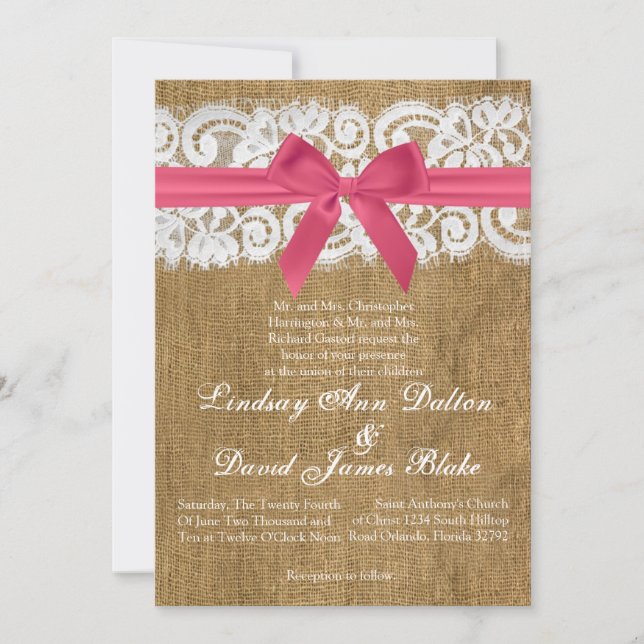 5 x 7 Faire-part de mariage Dentelle rose (Devant)
