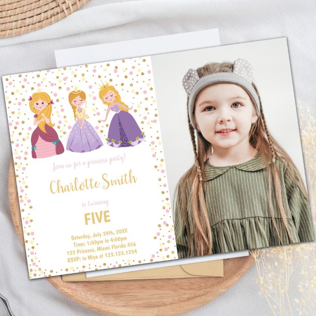 5e anniversaire de la princesse Invitations avec p (5th Princess Birthday Invitations with photo)