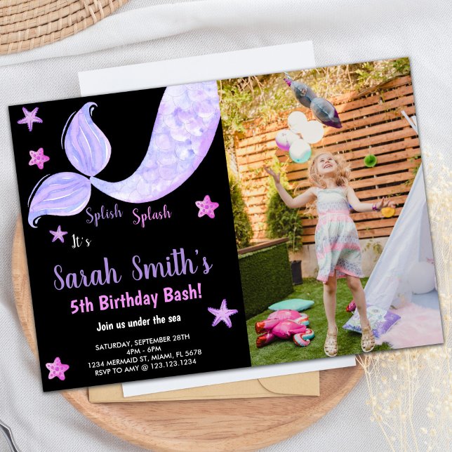 5e anniversaire de sirène Invitations avec photo (5th Mermaid Birthday Invitations with photo)