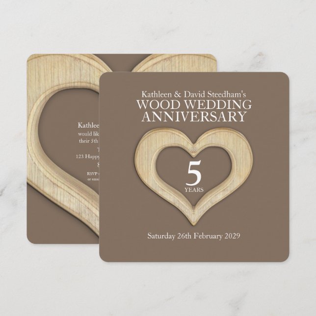 5e anniversaire mariage bois coeur invitations (Devant / Derrière)
