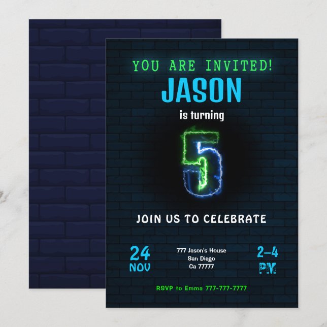 5e Invitation d'anniversaire de garçon (Devant / Derrière)