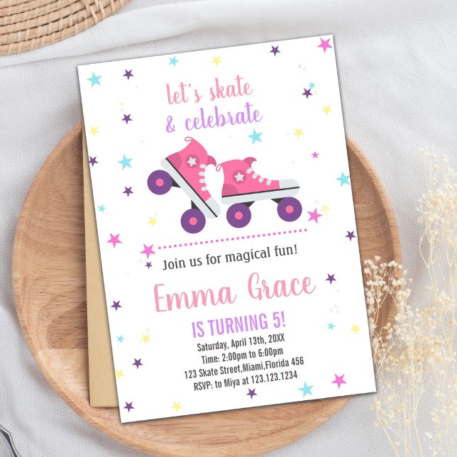 5e Patinage rose violet Invitations d'anniversaire (5th Pink Purple Skating Birthday Invitations)