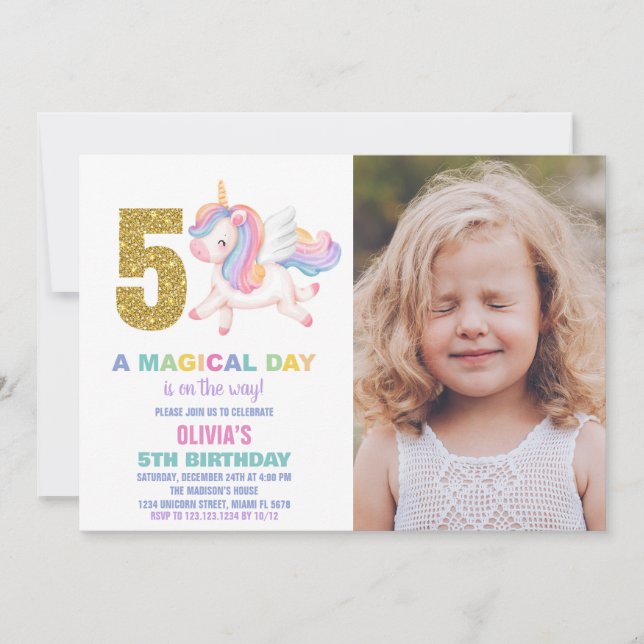 5e Rainbow Unicorn Invitations Anniversaire avec p (Devant)