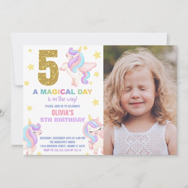 5e Rainbow Unicorn Invitations Anniversaire avec p (Devant)