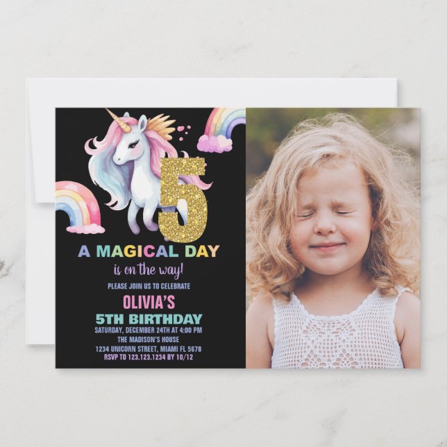 5e Rainbow Unicorn Invitations Anniversaire avec p (Devant)
