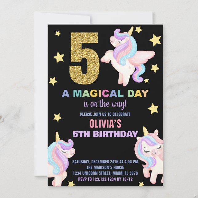 5e Rainbow Unicorn Invitations Anniversaire Vol (Devant)