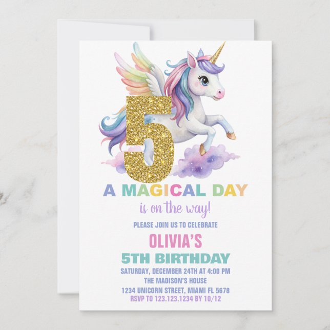 5e Rainbow Unicorn Invitations Anniversaire Vol (Devant)