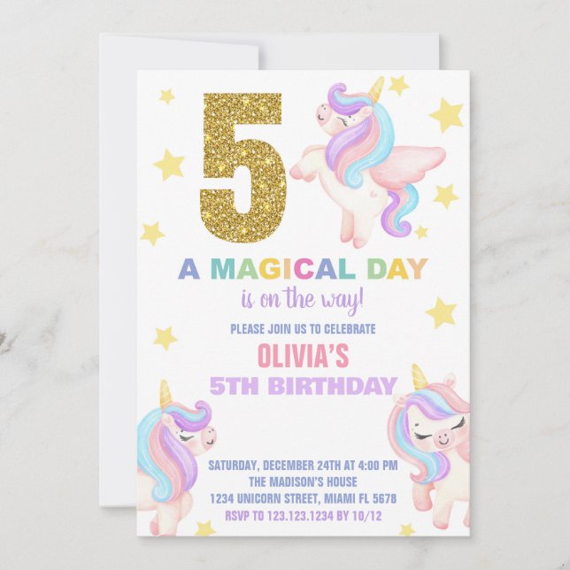 5e Rainbow Unicorn Invitations Anniversaire Vol (Devant)