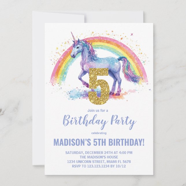 5e Rainbow Unicorn Invitations d'anniversaire (Devant)