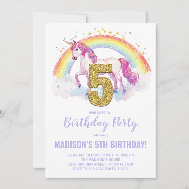 5e Rainbow Unicorn Invitations d'anniversaire (Devant)