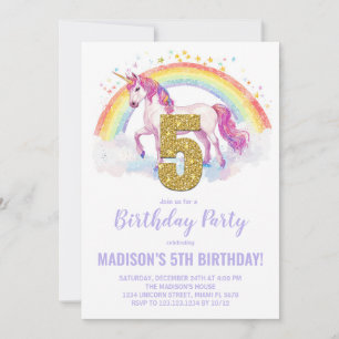 5e Rainbow Unicorn Invitations d'anniversaire