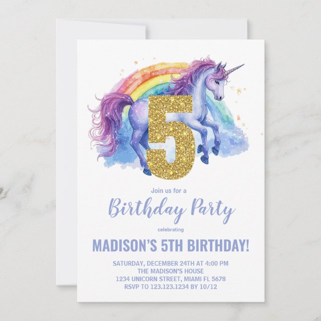 5e Rainbow Unicorn Invitations d'anniversaire (Devant)