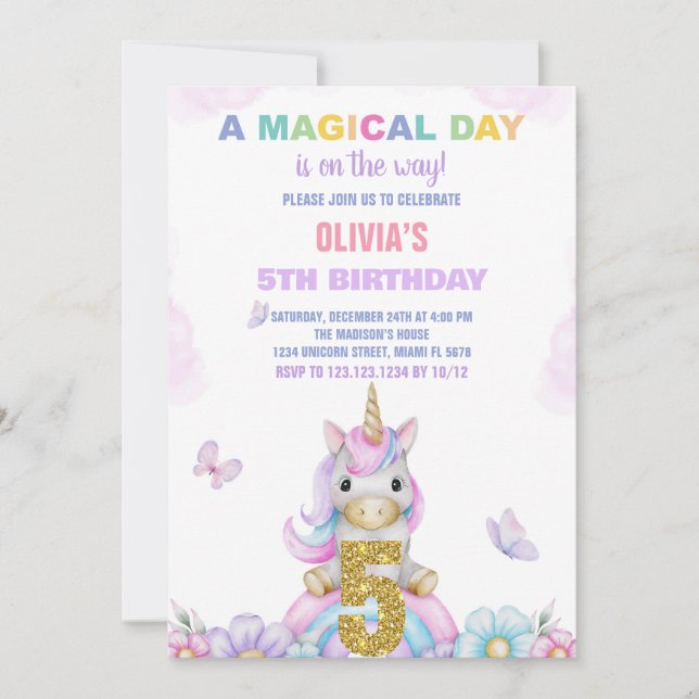 5e Unicorne Florale Invitations d'anniversaire (Devant)