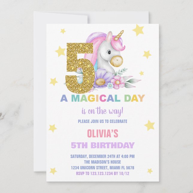 5e Unicorne Florale Invitations d'anniversaire (Devant)