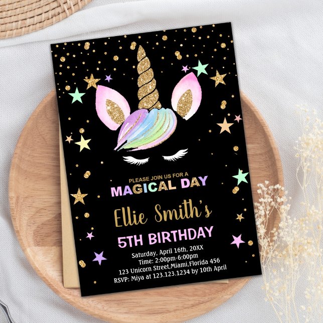 5e Unicorne noire Invitations d'anniversaire (5th Black Unicorn Birthday Invitations)