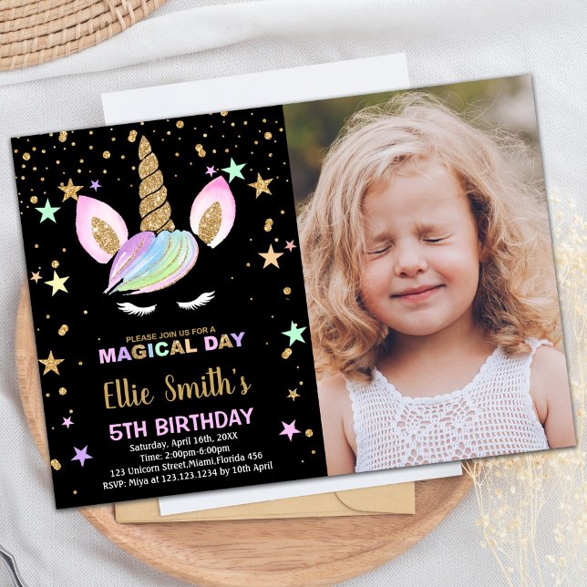 5e Unicorne noire Invitations d'anniversaire avec  (5th Black Unicorn Birthday Invitations with photo)