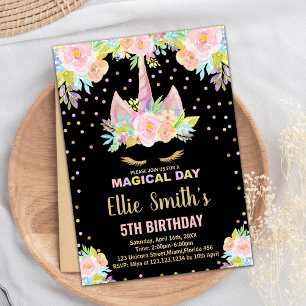 5ème Floral Black Unicorn Invitations Anniversaire