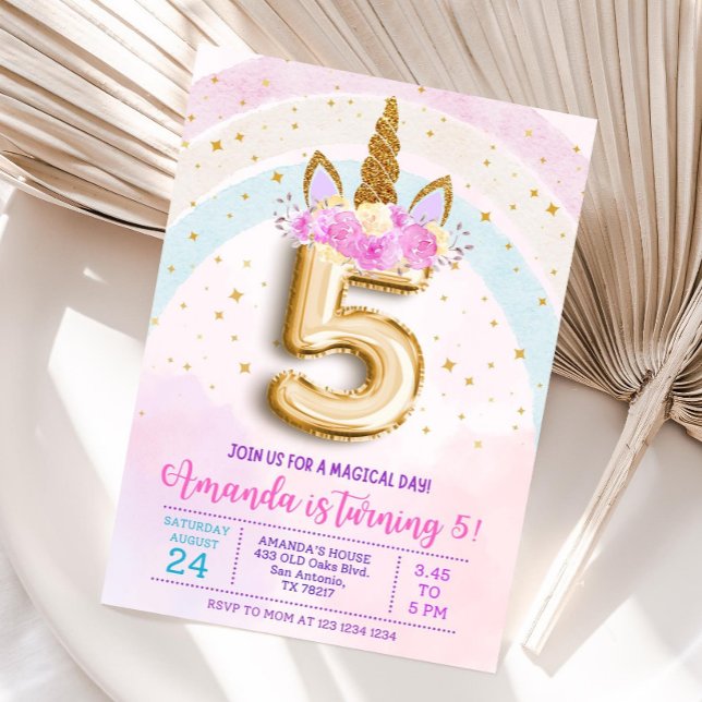 5ème invitation de fête licorne, 5ème anniversaire (Créateur téléchargé)