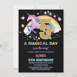 5ème Unicorn Invitations d'anniversaire