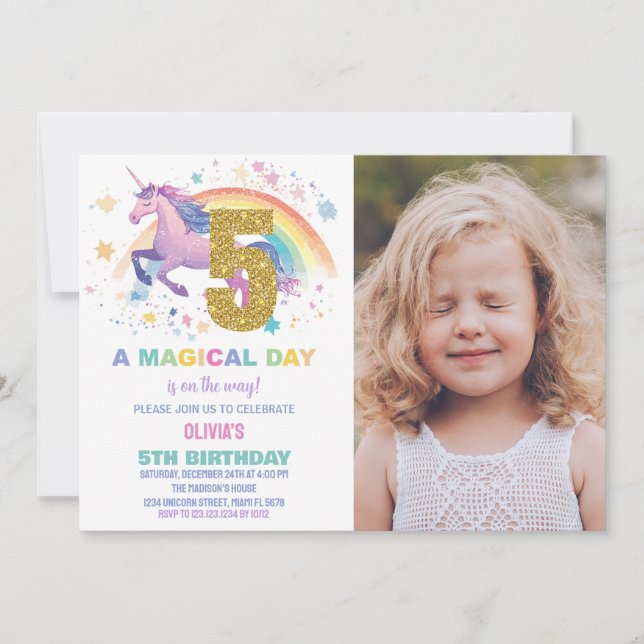 5ème Unicorn Invitations d'anniversaire avec photo (Devant)