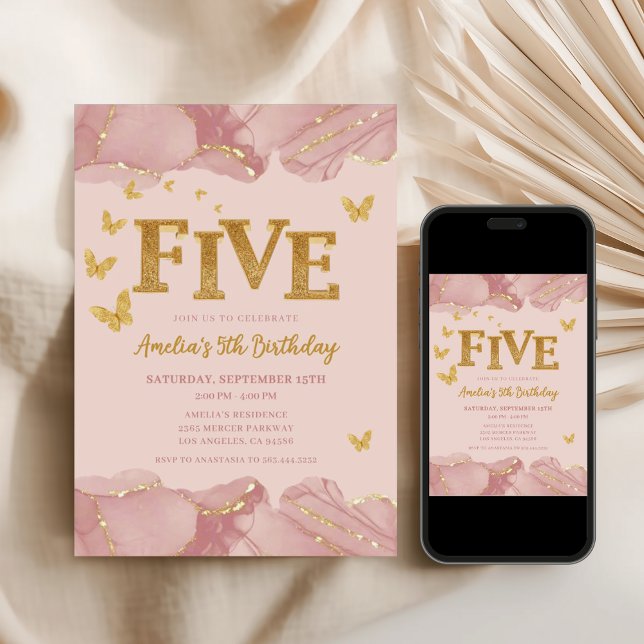 5th Birthday Invitation Pink Gold Glitter Girl (Créateur téléchargé)