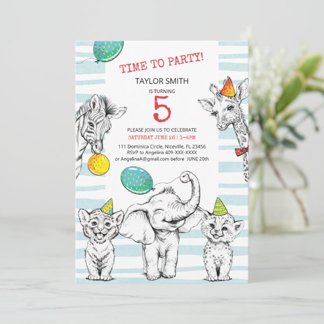 5th birthday invitation with funny cute animal. (Debout devant)