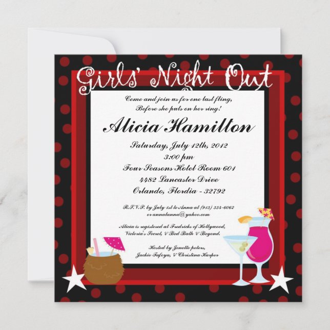5x5 Crimson Red Cocktails Bachelorette Invitation (Devant)