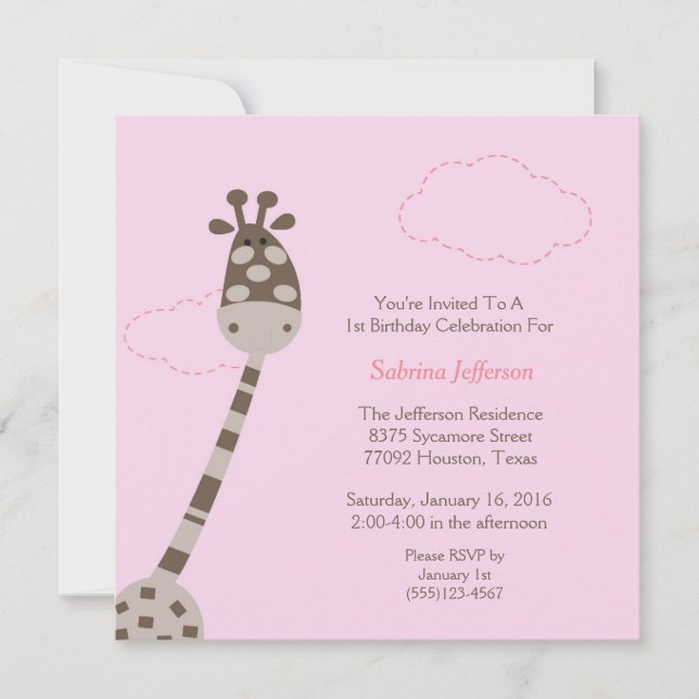 5x5 Girafe rose Invitation pour la première fête d (Devant)