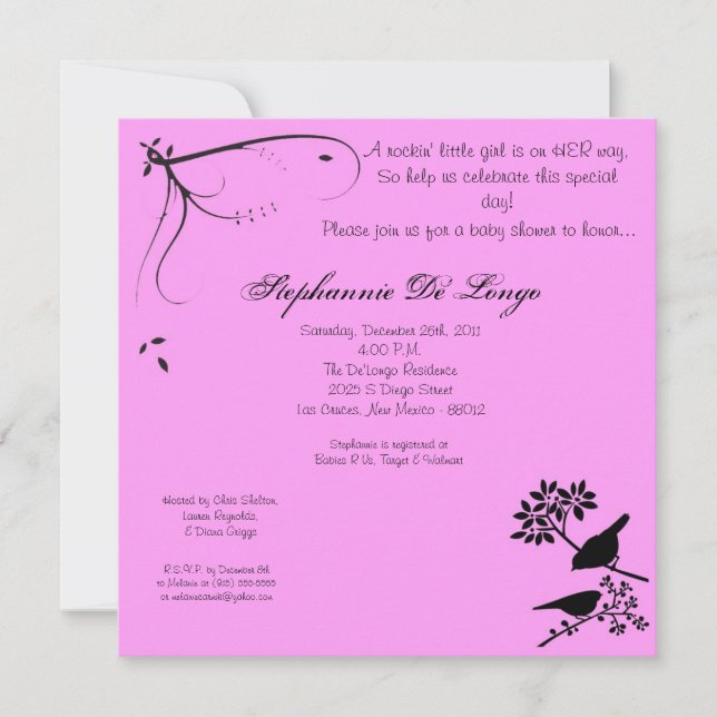 5x5 Invitation Baby shower d'oiseaux roses (Devant)