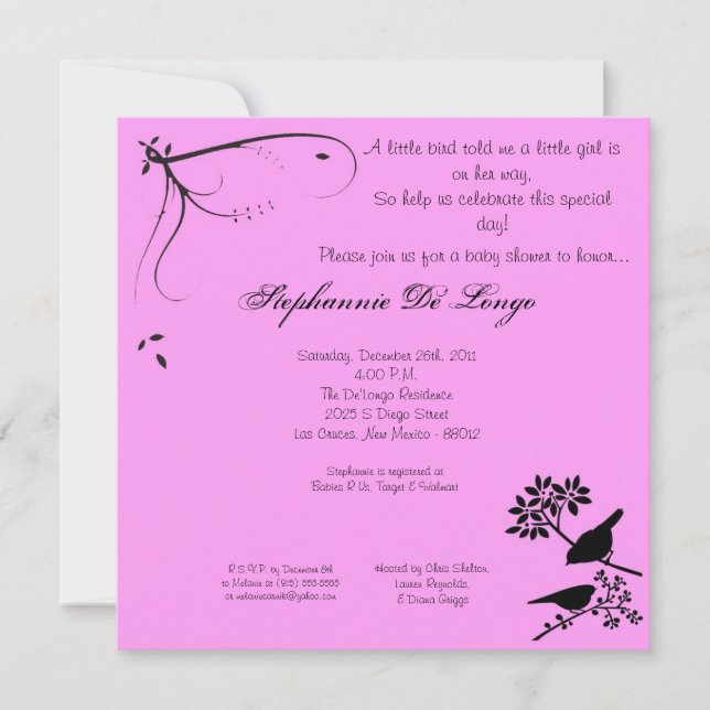 5x5 Invitation Baby shower d'oiseaux roses (Devant)