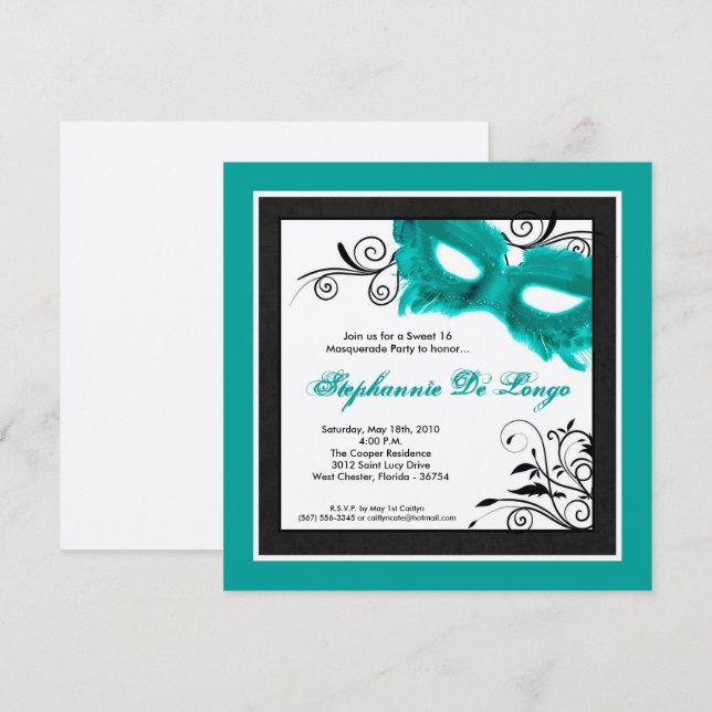 5x5 Masquerade TURQUOISE Masque 16 Invitation Anni (Devant / Derrière)