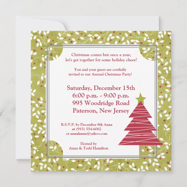 5x5 Red Tree Christmas Holly Invitation (Devant)
