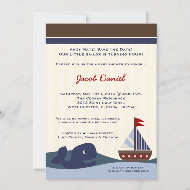 5x7 Ahoy Mate Voilier Whal Anniversaire Invitation (Devant)