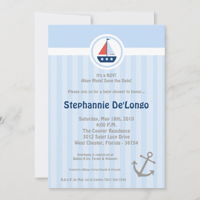5x7 Ahoy Nautical Sail Baby shower Invitation (Devant)