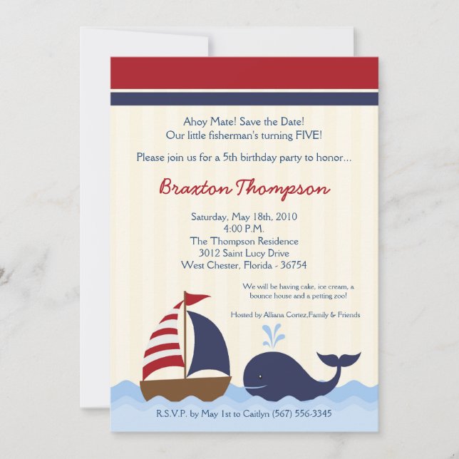 5x7 Ahoy Nautical Whale Boat Birthday Invitation (Devant)