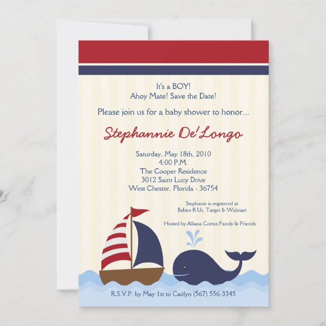 5x7 AhoyNautical Whale Baby shower Invitation (Devant)
