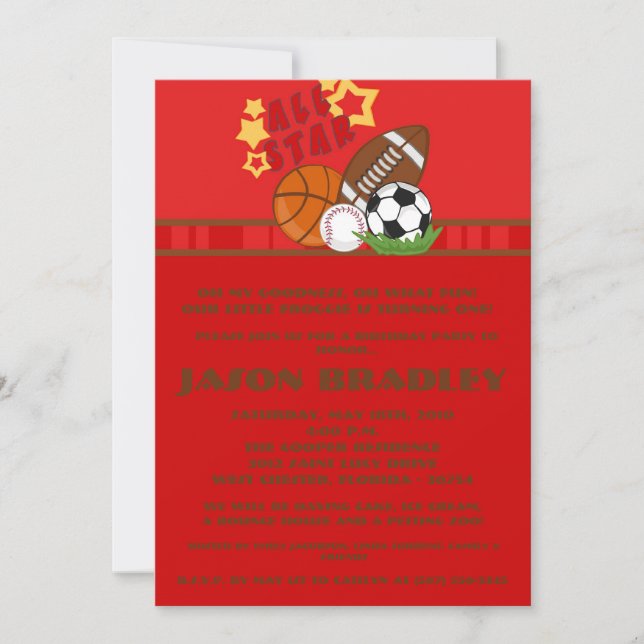 5x7 All Star Red Birthday Party Invitation (Devant)