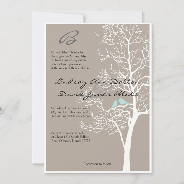 5x7 Arbre gris Faire-part de mariage et oiseaux (Devant)