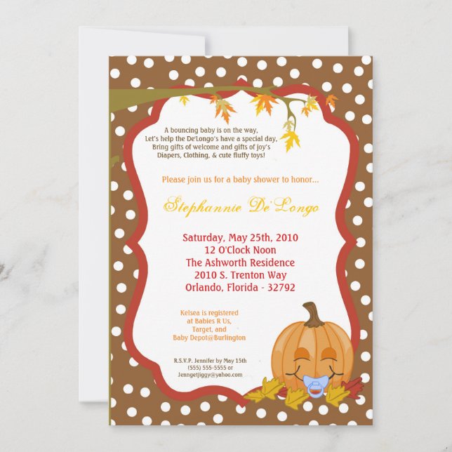 5x7 Automne Citrouille Invitation Baby shower (Devant)