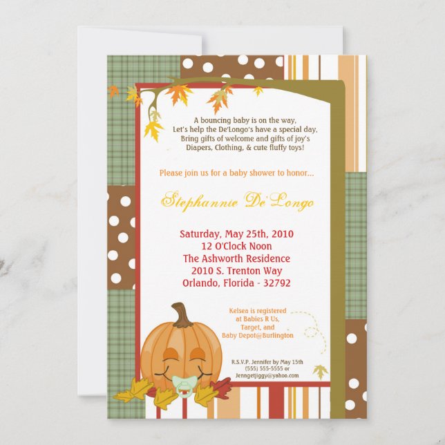 5x7 Automne Citrouille Invitation Baby shower (Devant)
